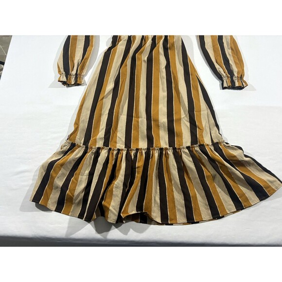 Sezane Titiane 3/4 Sleeve Striped V Neck Midi Dress in Hazel Tan Stripe 34 US 2 - Picture 4 of 13